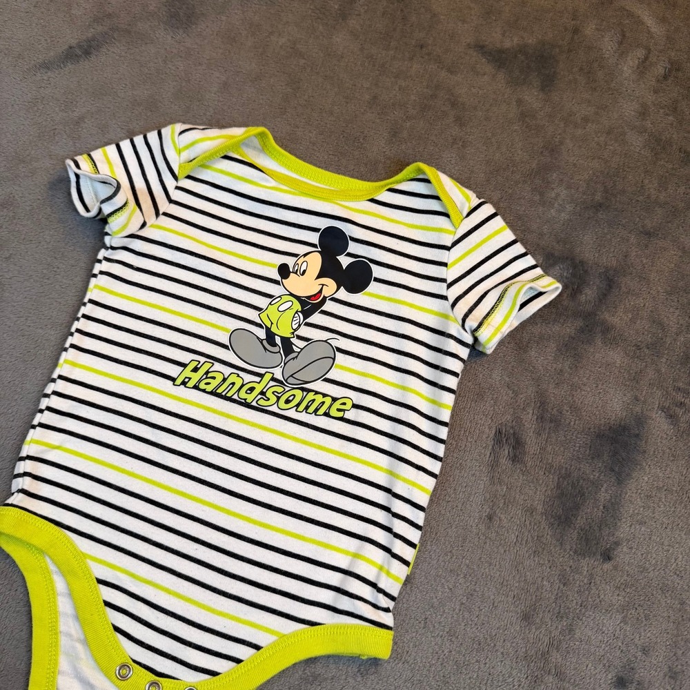 Disney Mickey Mouse Bodysuit Kids 6-9 Months White Striped Handsome Graphic